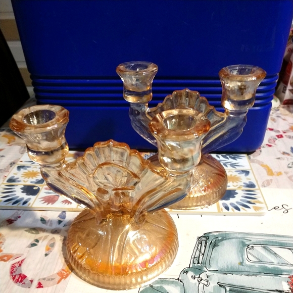 Vtg Depression Carnival Glass Iris Flowers Orange Marigold Candle Holders - Picture 2 of 11